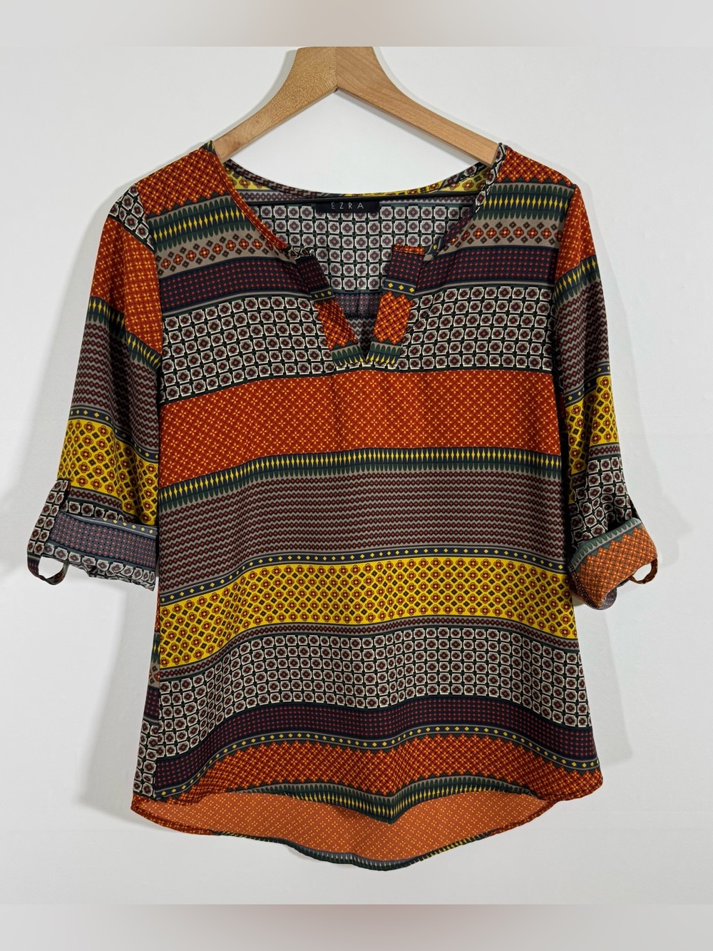 EZRA Split V-Neck Warm Earthy Boho Stripe Rolled Cuff Popover Tunic Blouse Sz S